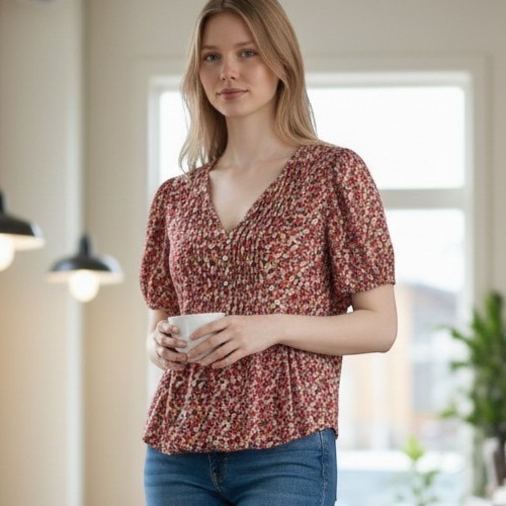 Nurture by Westbound Womens LP Floral Babydoll Pintuck Puff Sleeve Blouse NWT